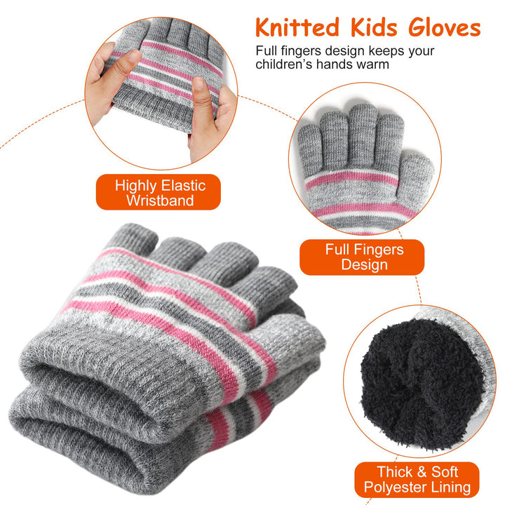 Gestreifte Kindermütze mit Bommel, Schal und Handschuhe
