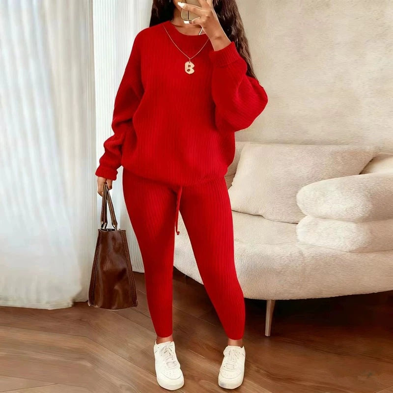 Rippstrick-Set aus Pullover und Hose mit Kordelzug