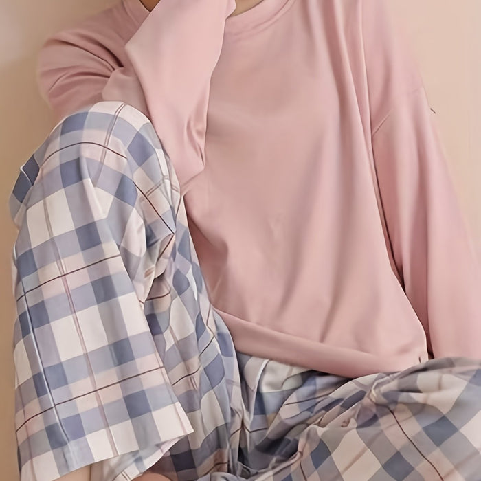 Damen Kariertes Loungewear-Set Zweiteiler Langarm