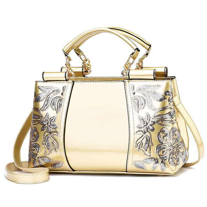 Lack-Handtasche mit Pailletten-Blumenstickerei