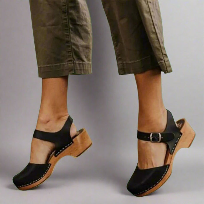Marie | Damen Comfortable Sandals Plateau-Clogs Lederriemen Holzsohle