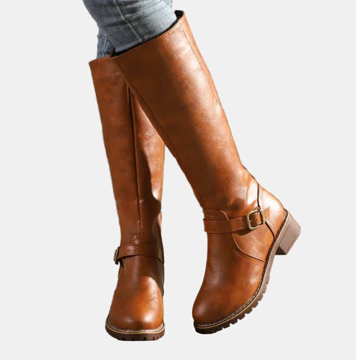 Damen Kniehohe Stiefel mit Schnalle und Blockabsatz