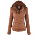 Katharina | Damen Kunstleder Bikerjacke mit Abnehmbarer Kapuze Reißverschluss