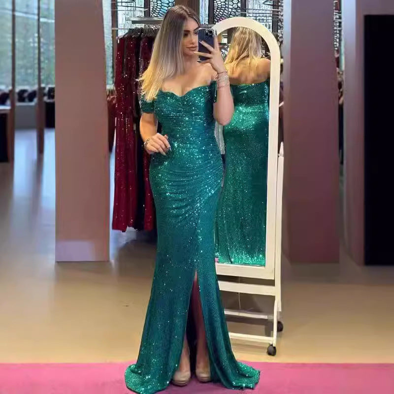 Langes Paillettenkleid schulterfrei mit Beinschlitz