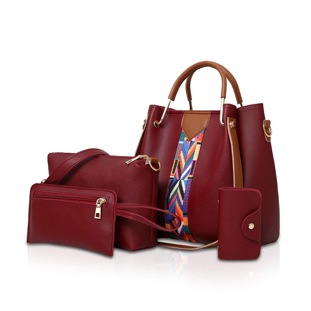 Vierteiliges Handtaschen-Set mit buntem Riemen