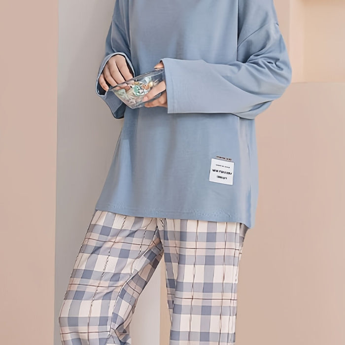Damen Kariertes Pyjama-Set mit Langarmoberteil