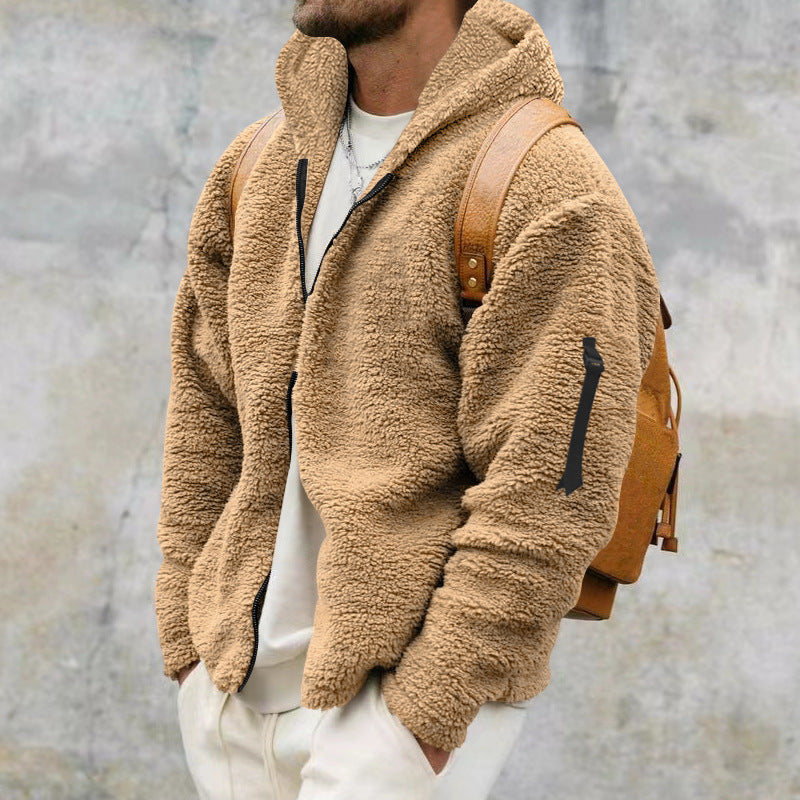 Herren Teddy-Fleecejacke mit Kapuze in Khaki
