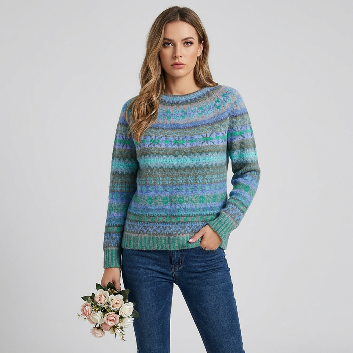 Damen Rundhals-Pullover mit Fairisle-Muster Langarm