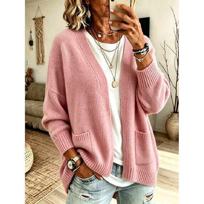 Damen Lockere Strickjacke mit Offener Front und Taschen