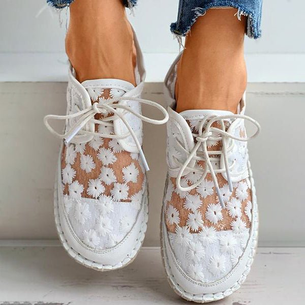 Damen Schnürschuhe mit Blumenstickerei und Flachem Absatz
