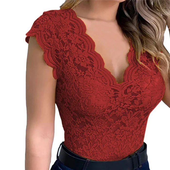 Damen Spitzentop mit V-Ausschnitt und Floralmuster
