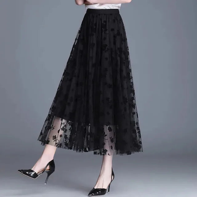 Damen Midi-Rock mit Mesh-Overlay und Elastikbund